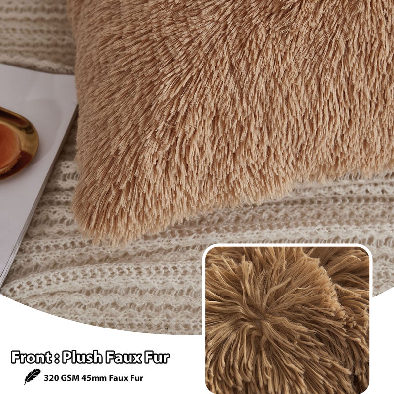 LIFEREVO 2 Pack Faux Fur Pillow Shams,Shaggy Plush Home Decorative Luxury Series Super Soft Furry Pillow Case with Zipper Closure for Home Sofa Couch Decoration,Standard (Camel,20"x26") - Image 3